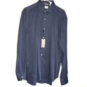 Culturata Blue Herringbone Stripe Long Sleeve Cotton Button Lg 16.5 42 NWT